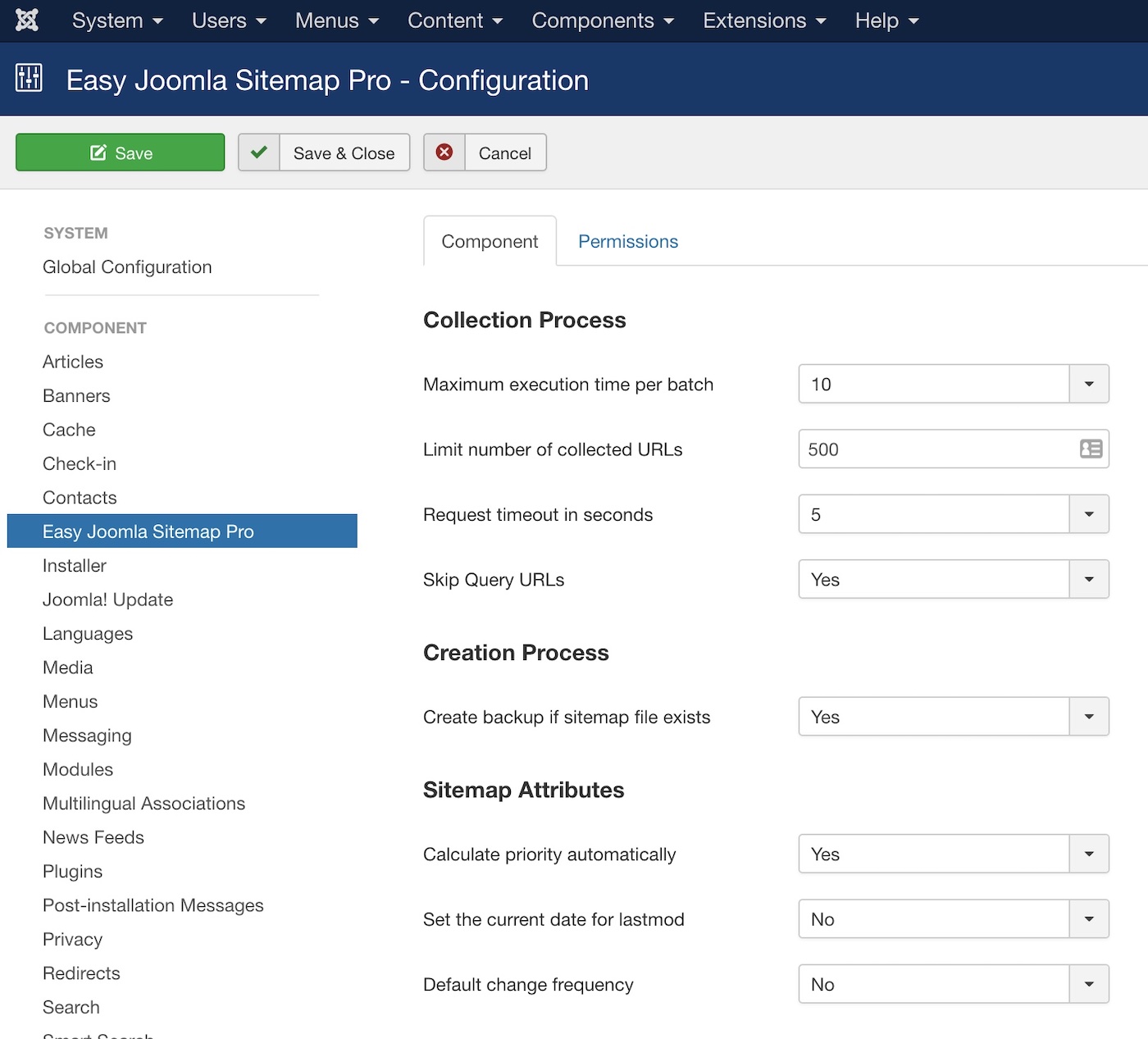 Easy Joomla Sitemap - Settings