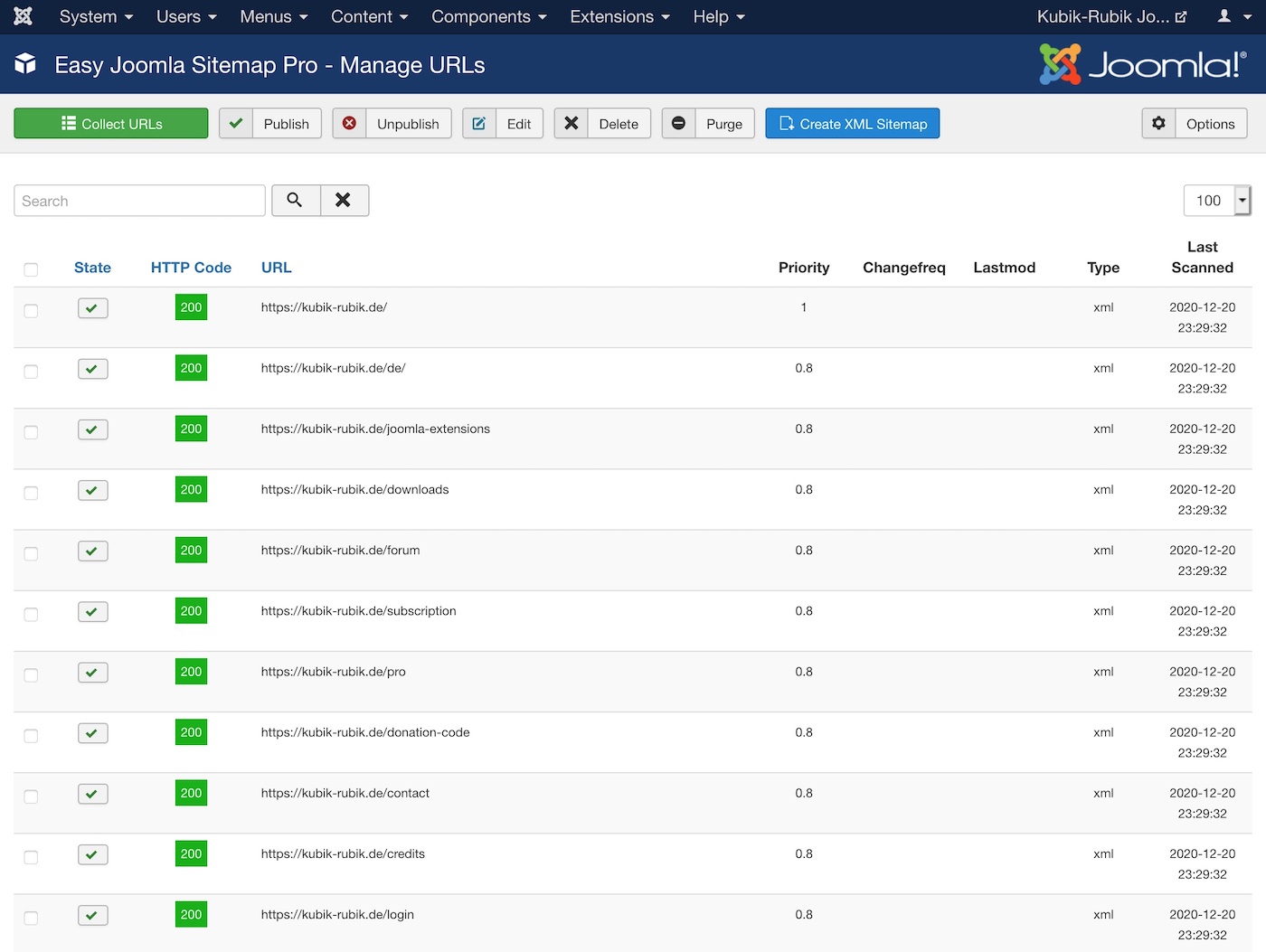 Easy Joomla Sitemap - Main Dashboard Overview