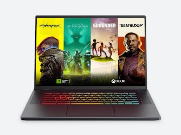 A variety of game titles and cloud gaming platforms are displayed on a gaming Chromebook.