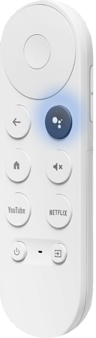 A white Google TV remote. The Google Assistant button is highlighted.