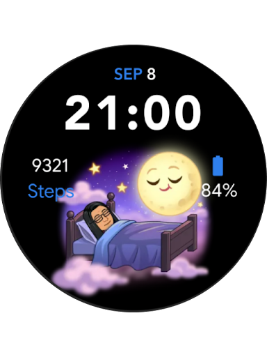 A smartwatch face displaying a Bitmoji sleeping in a bed surrounded by clouds while the moon with a face hovers above with its eyes closed.