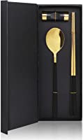 Stainless Steel Chopsticks Spoons and Chopsticks Holders, Dinner Flatware Gift Set (Black&Golden)