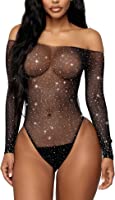 RSLOVE Women Lingerie Fishnet Bodysuit Sparkle Rhinestone Sexy Mesh Teddy Lingerie