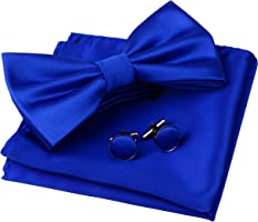 GUSLESON Mens Solid Color Double Fold Pre-tied Bow Tie and Pocket Square Cufflink Set with Gift Box