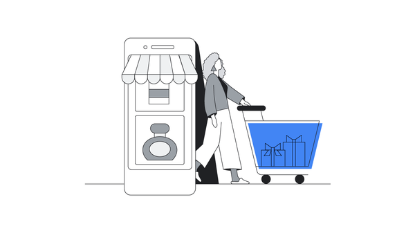 A femme-presenting person with long wavy light hair and light skin walks out of a mobile phone that looks like a brick and mortar store while pushing a shopping cart. The shopping cart is full of wrapped gifts.