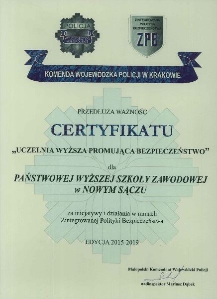 certyfikat uczelnia wyzsza promujaca bezpieczenstwo 2015